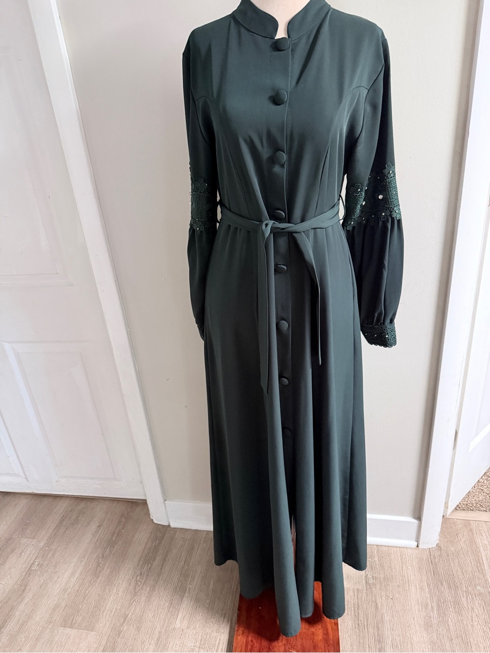 Dark Green Long Button-Front Belted abaya
